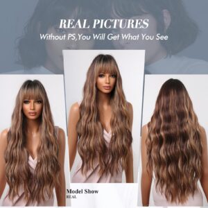 Allbell Long Wave Brown Highlight Wigs with Bangs for Women Synthetic Hair Dark Roots