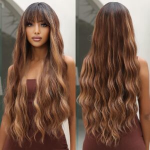 allbell long wave brown highlight wigs with bangs for women synthetic hair dark roots