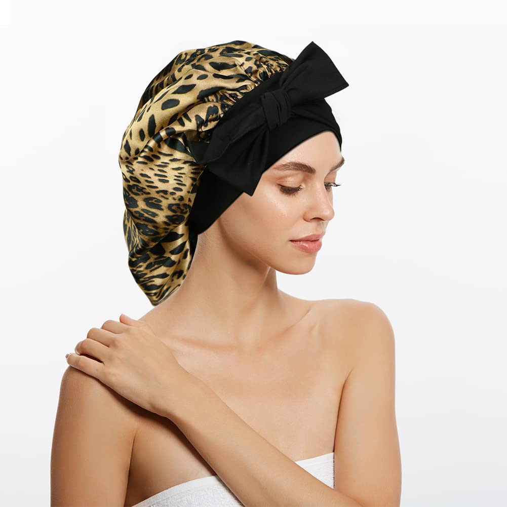 2 Pieces Adjustable Silky Hair Bonnet with Wide Elastic Tie Band Straps, Satin Sleeping Cap Jumbo Size for Women Hair Care Black+Leopard Print