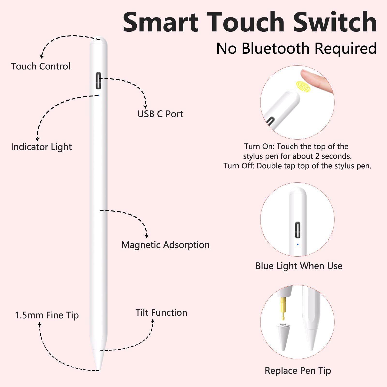 Stylus Pen for iPad with 15mins Fast Charging, Palm Rejection, Active Pencil Compatible with Apple iPad Pro 11&12.9" (2018-2022), iPad 10/9/8/7/6th Gen, iPad Air 3rd/4/5th Gen, iPad Mini 5/6th Gen