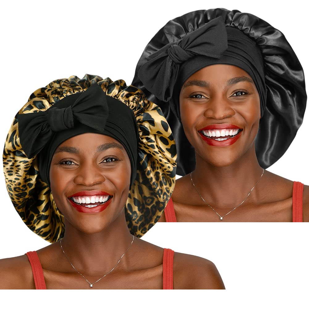 2 Pieces Adjustable Silky Hair Bonnet with Wide Elastic Tie Band Straps, Satin Sleeping Cap Jumbo Size for Women Hair Care Black+Leopard Print