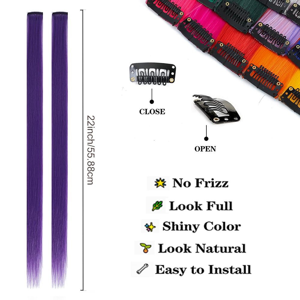 Dark Purple Colored Hair Extensions Sleekcute, Clip in Straight Synthetic Hairpieces 22 Inch, Party Highlights Colorful Hair Extensions for Kids, Women & Girls (Dark Purple)