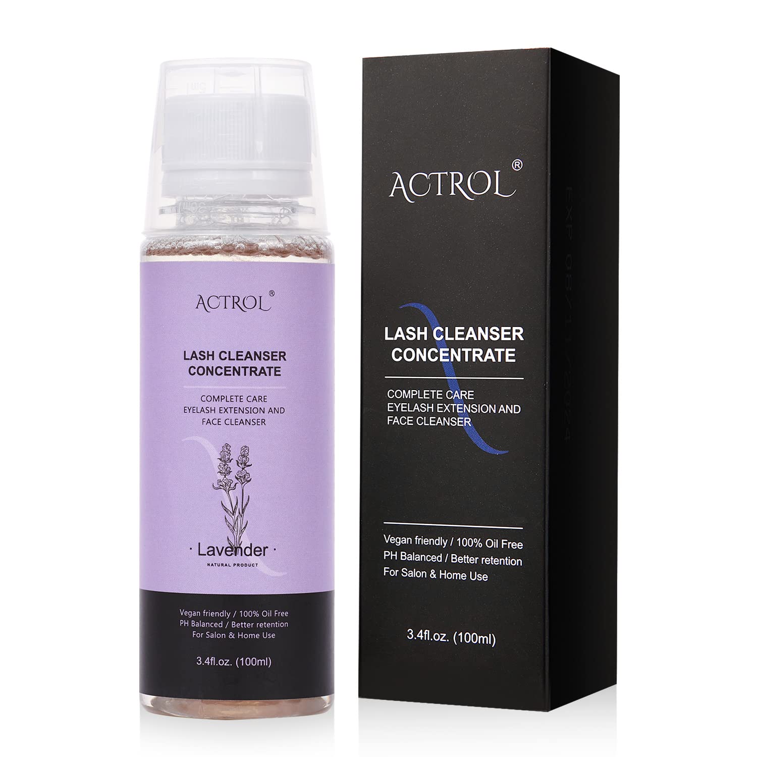 ACTROL Eyelash Shampoo Concentrate 100ml Lash Extensions Cleanser Concentrate Lavender Foaming Shampoo Paraben & Sulfate Free Wash for Extensions Lashes with Salon Home Care-Makes 60ml Bottles