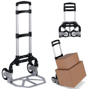 hand truck foldable portable folding hand cart aluminum dolly cart push truck trolley black maximum load 175 lbs, with black bungee cord, telescoping handle, rubber wheels with double bearings