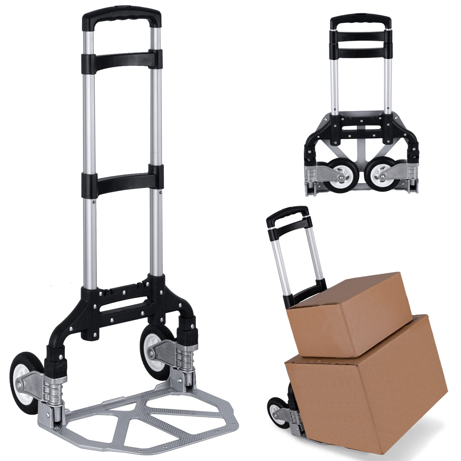 Hand Truck Foldable Portable Folding Hand Cart Aluminum Dolly Cart Push Truck Trolley Black Maximum Load 175 lbs, with Black Bungee Cord, Telescoping Handle, Rubber Wheels with Double Bearings