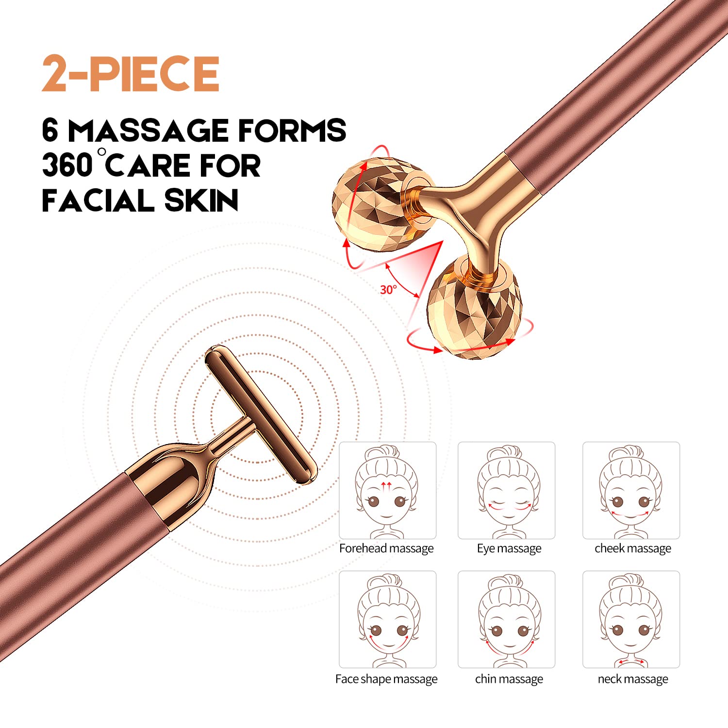 2-IN-1 Beauty Bar 24k Golden Pulse Facial Face Massager, Electric 3D Roller and T Shape Arm Eye Nose Head Massager Facial Roller Massager Kit Skin Care Tools