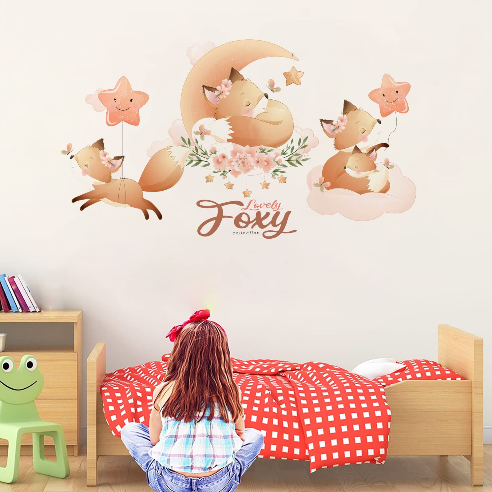 Cute Little Fox with Flower Wall Stickers, Cartoon Animal Wall Stickers, Removable DIY Wall Decor Vinyl Mural Art for Kids Baby Nursery Bedroom Living Room Playroom Decoration