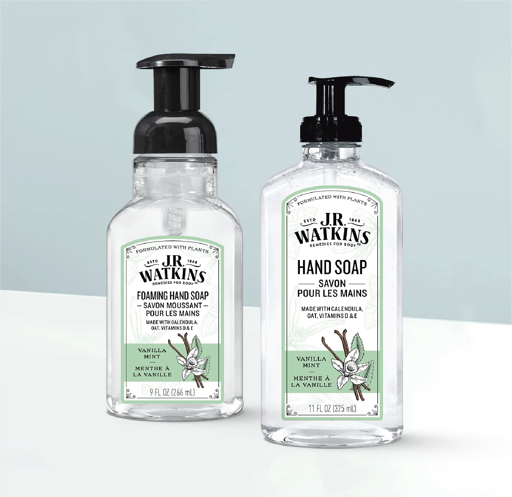 J.R. Watkins Foaming Hand Soap Pump with Dispenser, Moisturizing All Natural Hand Soap Foam, Alcohol-Free, Cruelty-Free, Use as Kitchen or Bathroom Soap, Vanilla Mint, 9 fl oz, 3 Pack