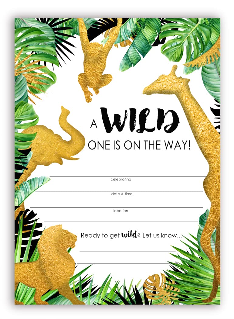 POP parties Golden Safari Baby Shower Invitations - 40 Pieces - 20 Invitations + 20 Envelopes - Gold Safari Baby Shower Supplies - Jungle Baby Shower Decorations - Safari Shower Invitations - WB 20ct