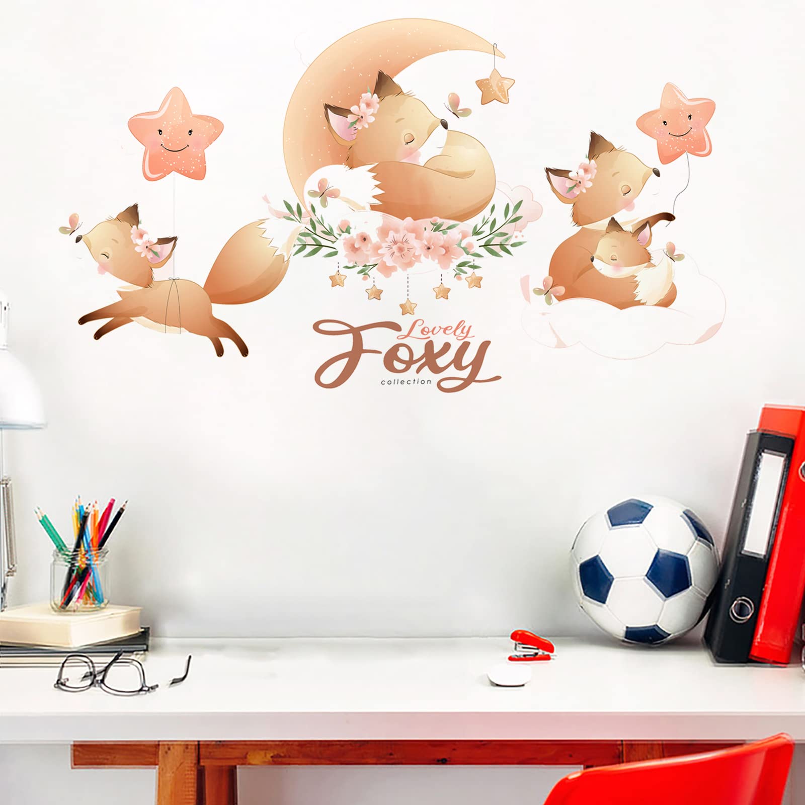 Cute Little Fox with Flower Wall Stickers, Cartoon Animal Wall Stickers, Removable DIY Wall Decor Vinyl Mural Art for Kids Baby Nursery Bedroom Living Room Playroom Decoration