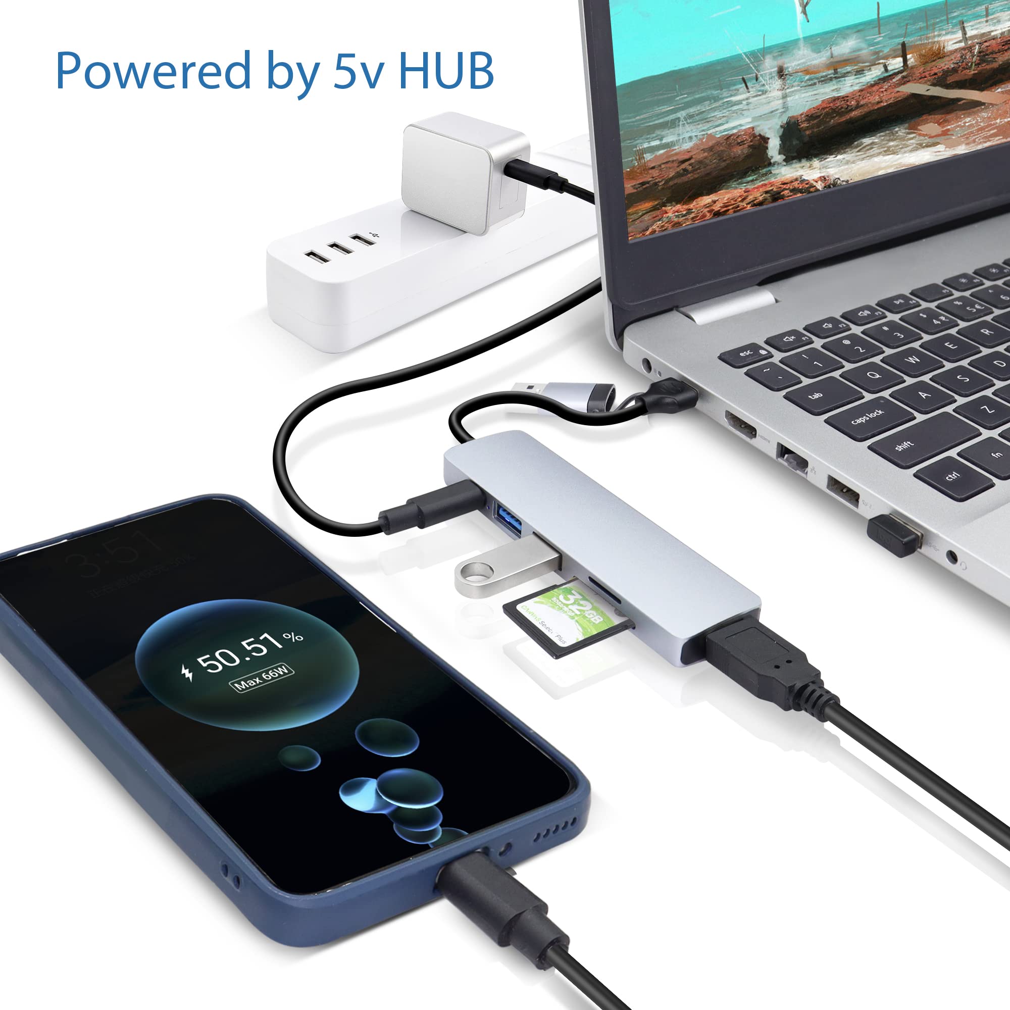 RIIEYOCA USB C & USB A Multiport Hub,2 in 1 USB C to USB A 3.0 Hub Adapter,with 3 USB Ports,SD & TF Reader,5V USB C Powered,for USB and SD/TF Card Devices