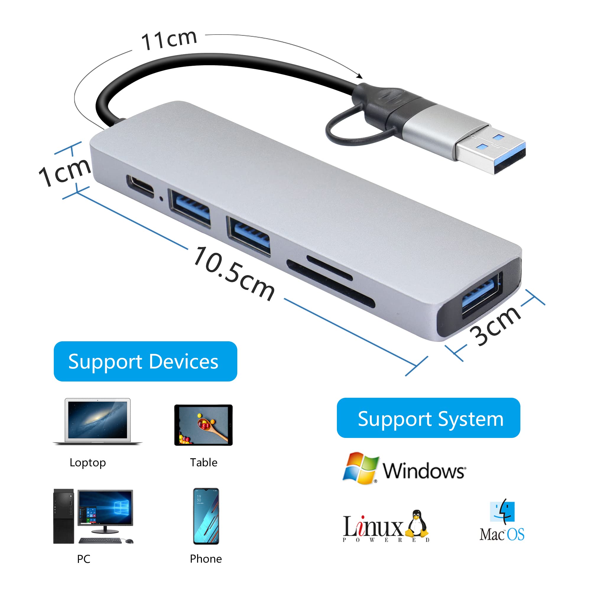 RIIEYOCA USB C & USB A Multiport Hub,2 in 1 USB C to USB A 3.0 Hub Adapter,with 3 USB Ports,SD & TF Reader,5V USB C Powered,for USB and SD/TF Card Devices