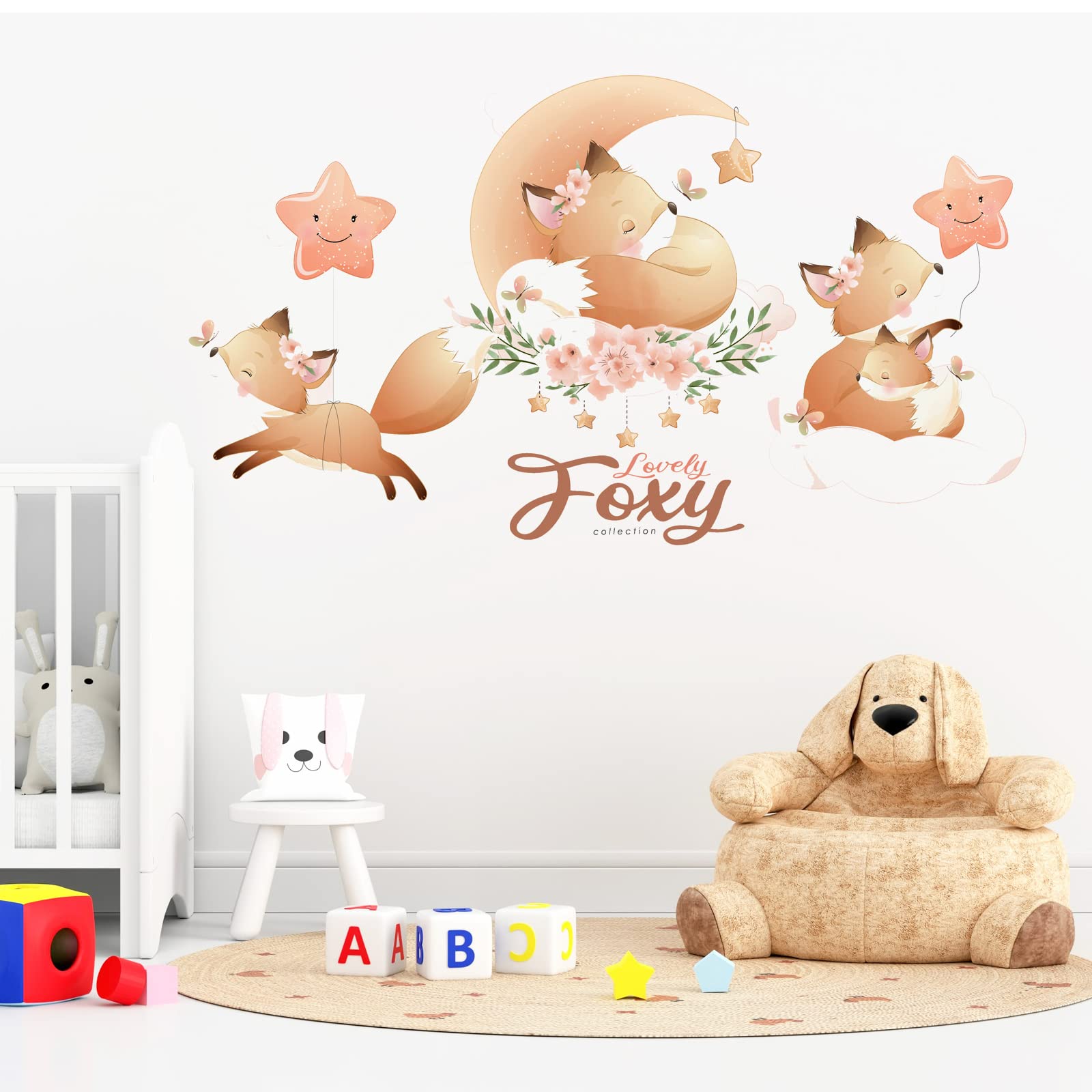 Cute Little Fox with Flower Wall Stickers, Cartoon Animal Wall Stickers, Removable DIY Wall Decor Vinyl Mural Art for Kids Baby Nursery Bedroom Living Room Playroom Decoration