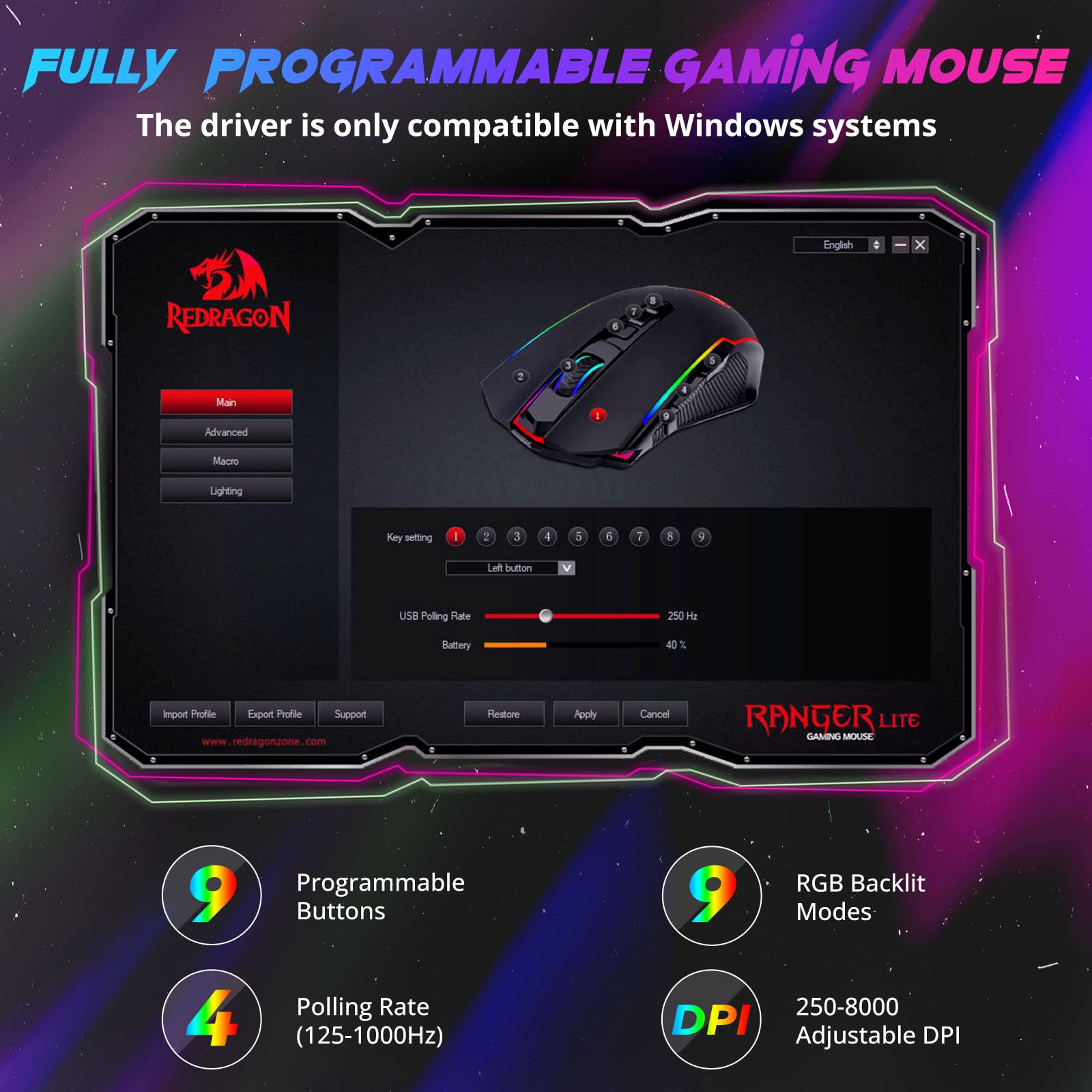 Redragon Gaming Mouse, Wireless Mouse Gaming with 8000 DPI, PC Gaming Mice with Fire Button, RGB Backlit Programmable Ergonomic Mouse Gamer, Rechargeable, 70Hrs for Windows, Mac Gamer, Black