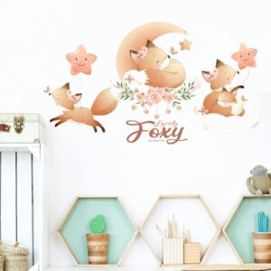 Cute Little Fox with Flower Wall Stickers, Cartoon Animal Wall Stickers, Removable DIY Wall Decor Vinyl Mural Art for Kids Baby Nursery Bedroom Living Room Playroom Decoration