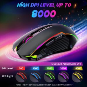 Redragon Gaming Mouse, Wireless Mouse Gaming with 8000 DPI, PC Gaming Mice with Fire Button, RGB Backlit Programmable Ergonomic Mouse Gamer, Rechargeable, 70Hrs for Windows, Mac Gamer, Black