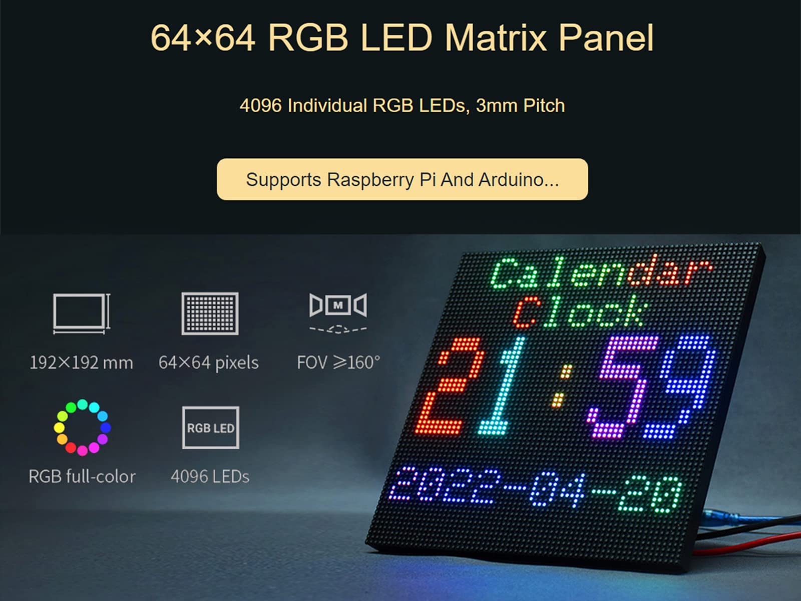 Waveshare RGB Full-Color LED Matrix Panel 3mm Pitch 64×64 Pixels 4096 Individual RGB LEDs Adjustable Brightness Compatible with Raspberry Pi