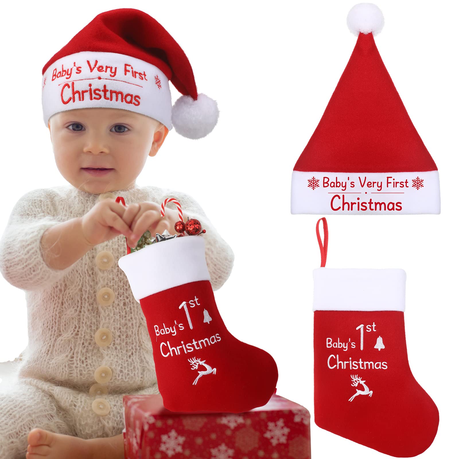 Baby Christmas Stocking and Hat Set, Infant Santa Hats Baby Christmas Stocking Infant Christmas Hat Xmas Classic Stocking Holiday Home Decor Accessory for Baby Christmas Supplies