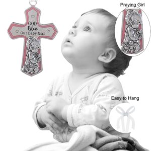 Christening Gifts for Girls, Catholic Baptismal Gifts for Girls, Ornate Crib Cross Baby Girl, Baby Shower Crib Medal Praying Girl, God Bless Our Baby Girl Nursery Wall Cross Décor