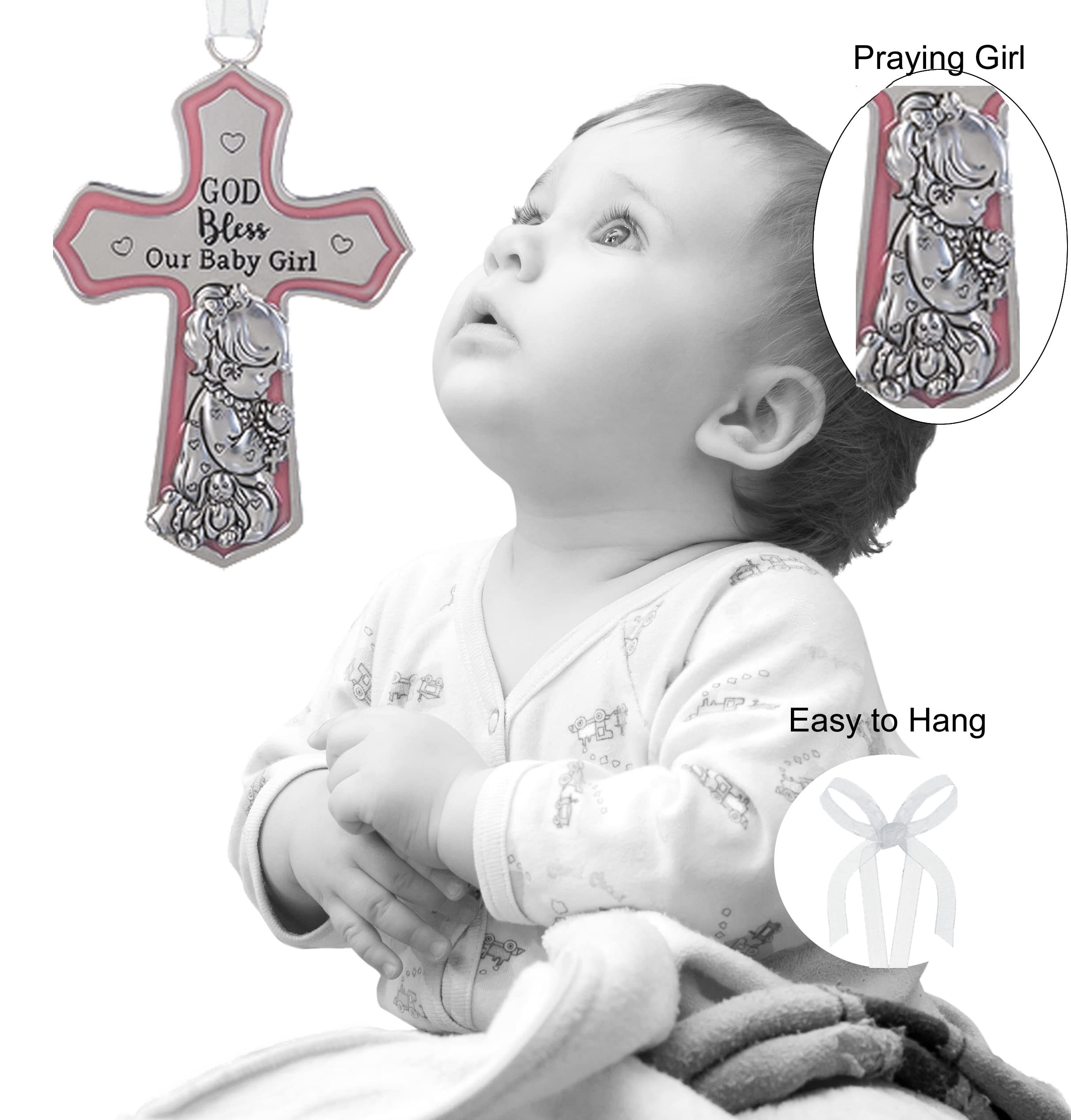 Christening Gifts for Girls, Catholic Baptismal Gifts for Girls, Ornate Crib Cross Baby Girl, Baby Shower Crib Medal Praying Girl, God Bless Our Baby Girl Nursery Wall Cross Décor