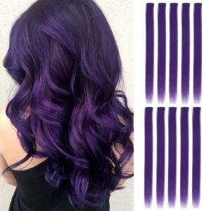 dark purple colored hair extensions sleekcute, clip in straight synthetic hairpieces 22 inch, party highlights colorful hair extensions for kids, women & girls (dark purple)