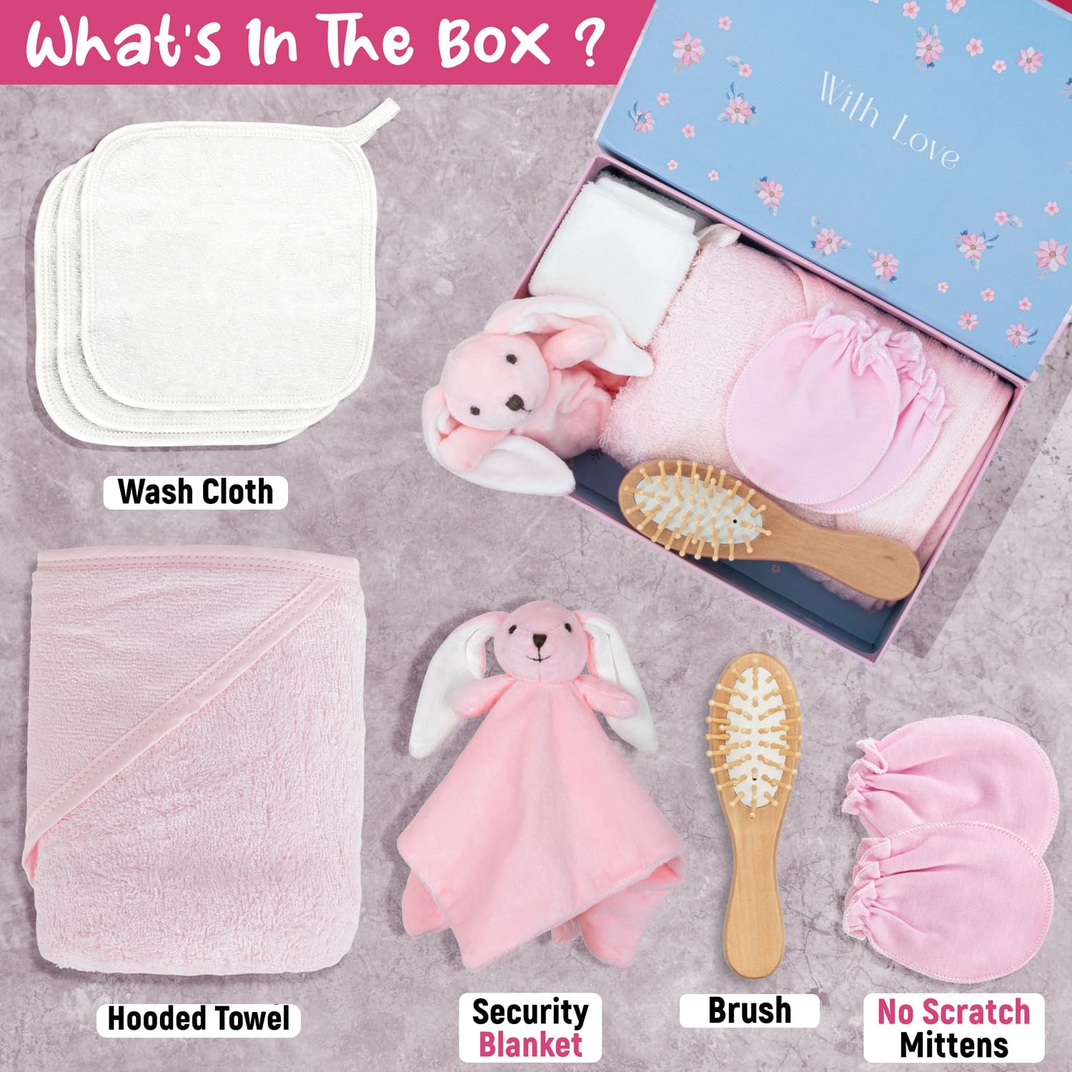 FOREVERPURE Baby Towels with Hood Newborn Gift Set - Gentle & Soft Baby Bath Towels Hooded w/Washcloths, Mittens, Brush, & Ultra Soft Security Blanket, Infant Hooded Towels for Baby Girl & Boy, Pink