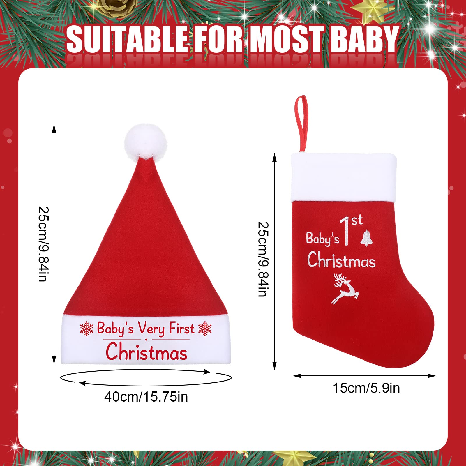 Baby Christmas Stocking and Hat Set, Infant Santa Hats Baby Christmas Stocking Infant Christmas Hat Xmas Classic Stocking Holiday Home Decor Accessory for Baby Christmas Supplies