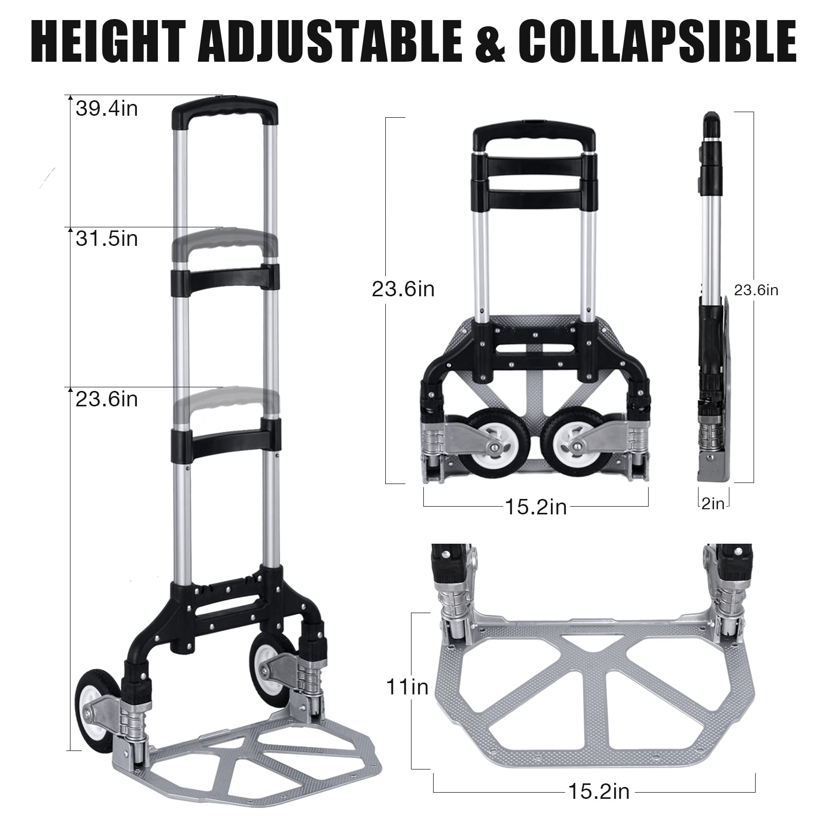 Hand Truck Foldable Portable Folding Hand Cart Aluminum Dolly Cart Push Truck Trolley Black Maximum Load 175 lbs, with Black Bungee Cord, Telescoping Handle, Rubber Wheels with Double Bearings