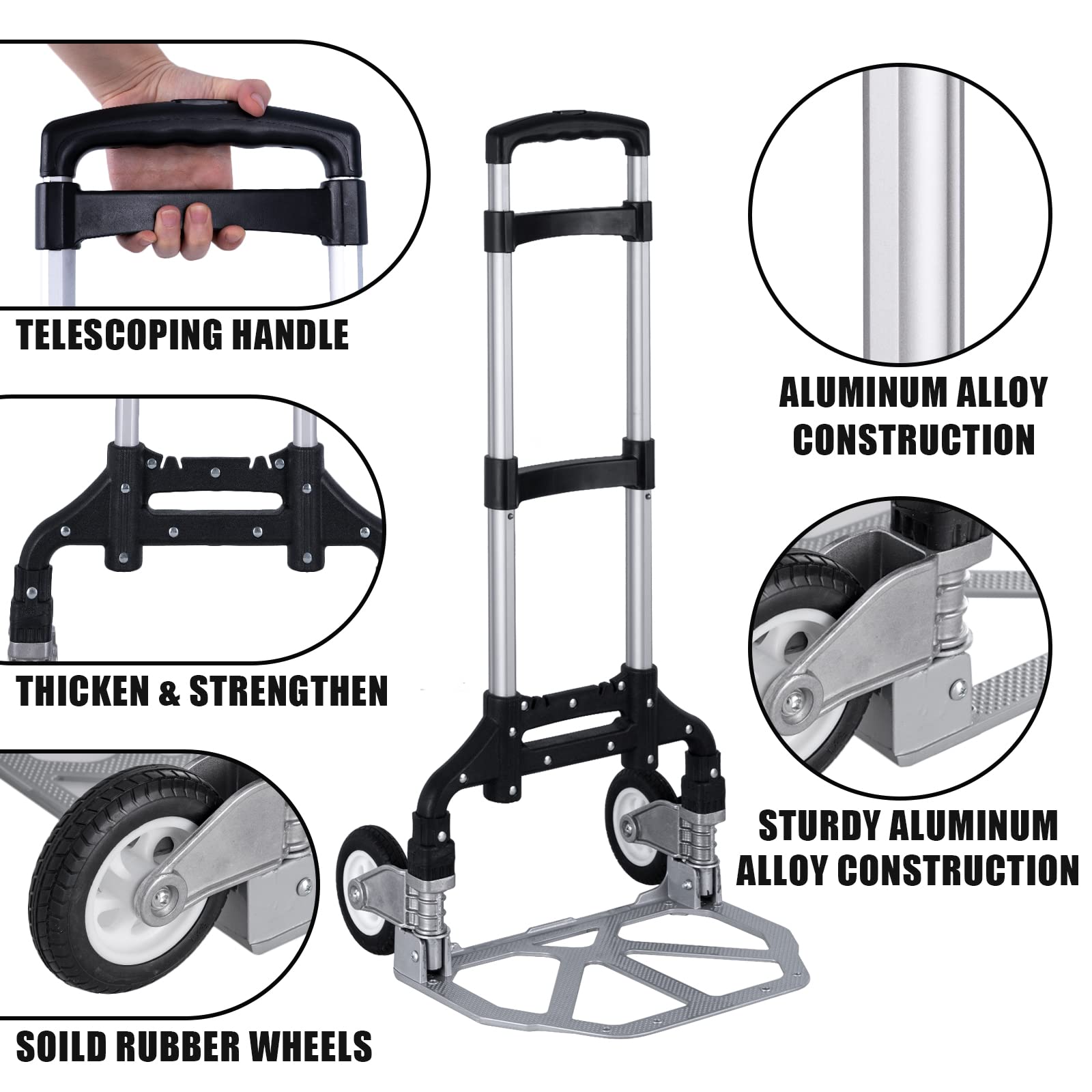 Hand Truck Foldable Portable Folding Hand Cart Aluminum Dolly Cart Push Truck Trolley Black Maximum Load 175 lbs, with Black Bungee Cord, Telescoping Handle, Rubber Wheels with Double Bearings