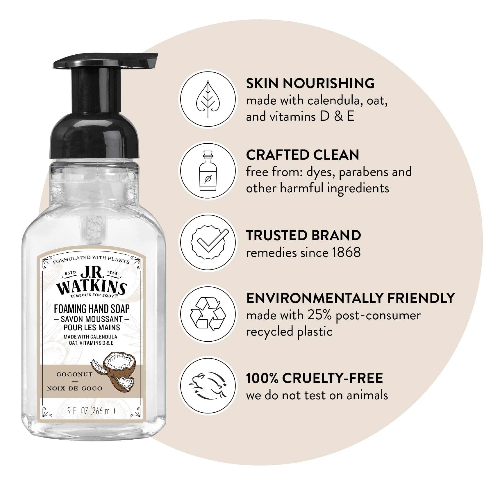 J.R. Watkins Foaming Hand Soap Pump with Dispenser, Moisturizing All Natural Hand Soap Foam, Alcohol-Free Hand Wash, Cruelty-Free, Use as Kitchen or Bathroom Soap, Coconut, 9 fl oz, 3 Pack