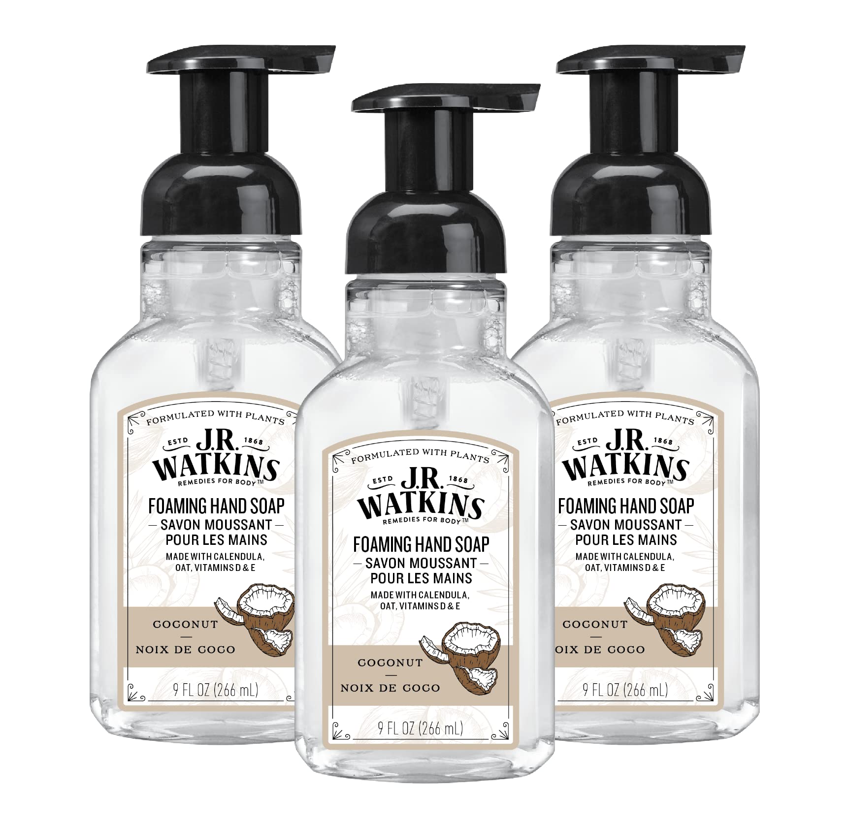 J.R. Watkins Foaming Hand Soap Pump with Dispenser, Moisturizing All Natural Hand Soap Foam, Alcohol-Free Hand Wash, Cruelty-Free, Use as Kitchen or Bathroom Soap, Coconut, 9 fl oz, 3 Pack