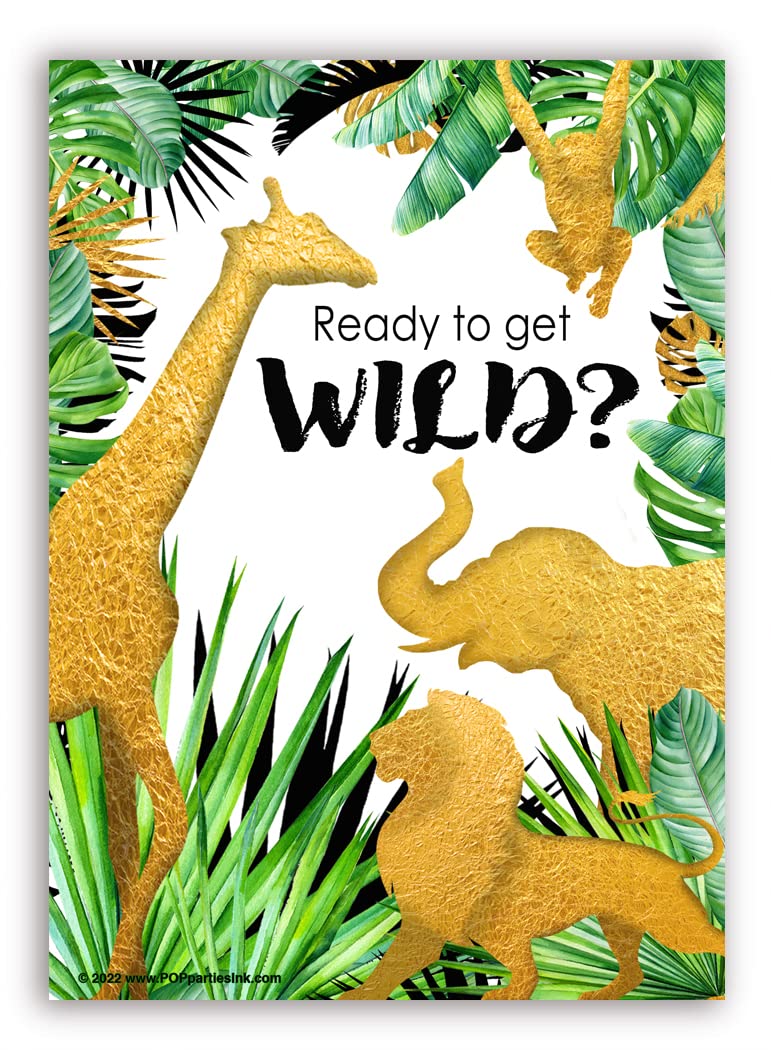 POP parties Golden Safari Baby Shower Invitations - 40 Pieces - 20 Invitations + 20 Envelopes - Gold Safari Baby Shower Supplies - Jungle Baby Shower Decorations - Safari Shower Invitations - WB 20ct