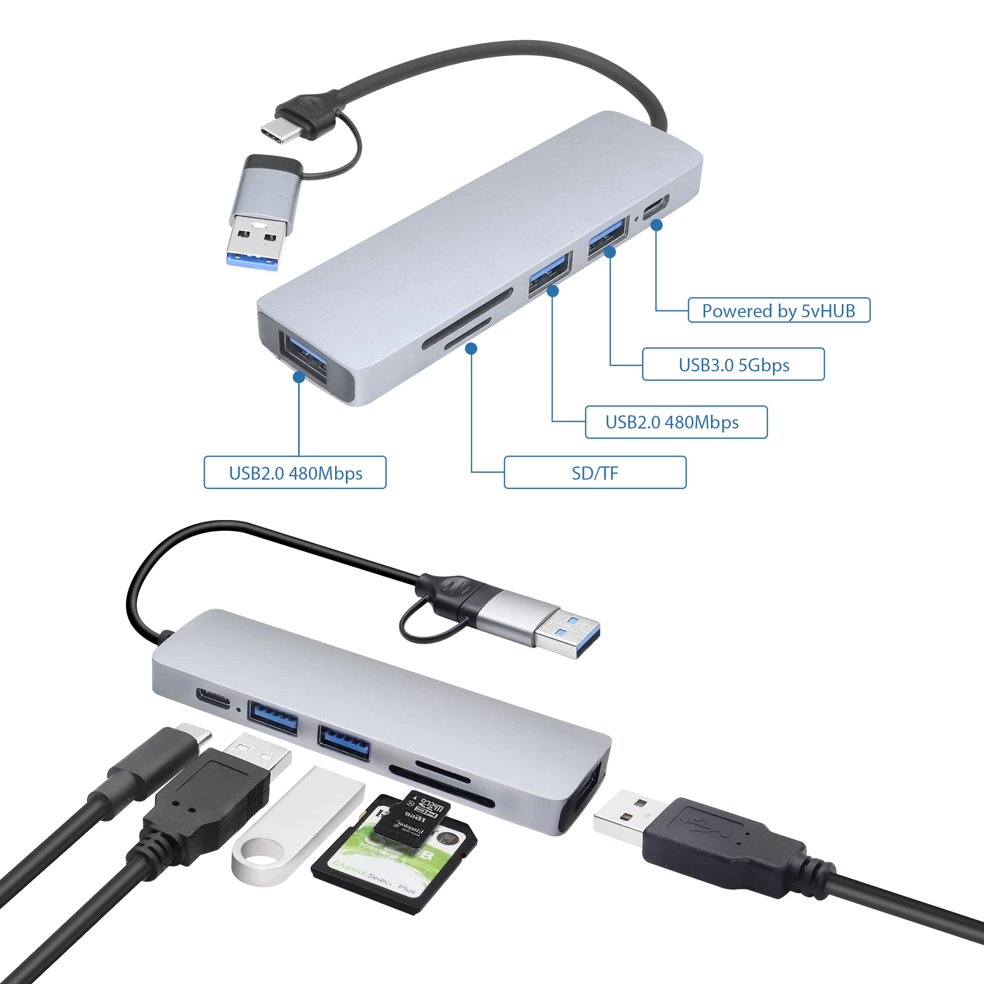 RIIEYOCA USB C & USB A Multiport Hub,2 in 1 USB C to USB A 3.0 Hub Adapter,with 3 USB Ports,SD & TF Reader,5V USB C Powered,for USB and SD/TF Card Devices