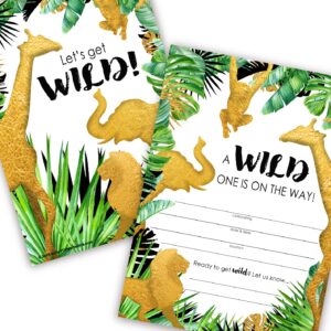 POP parties Golden Safari Baby Shower Invitations - 40 Pieces - 20 Invitations + 20 Envelopes - Gold Safari Baby Shower Supplies - Jungle Baby Shower Decorations - Safari Shower Invitations - WB 20ct