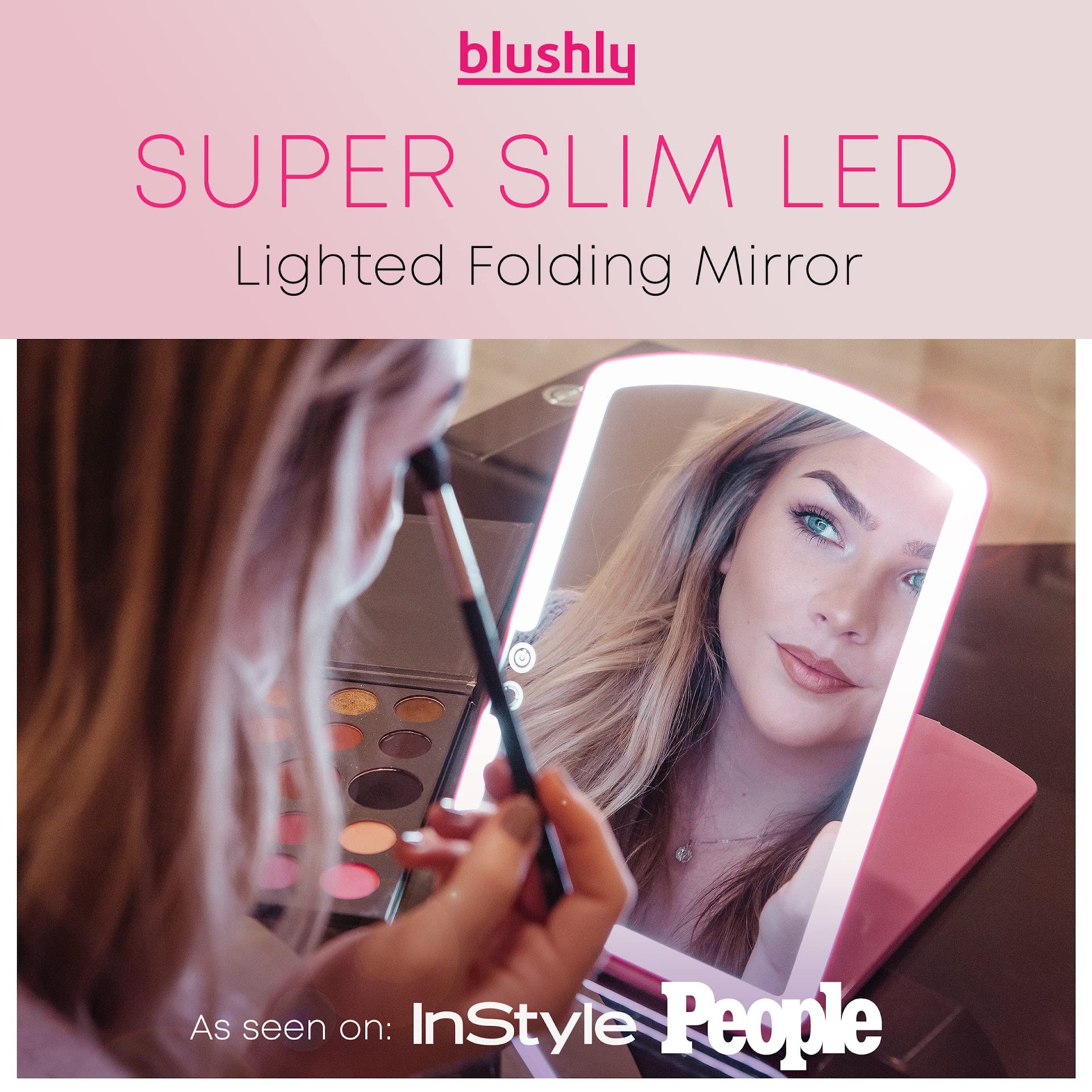 BLUSHLY Super Slim LED Lighted Folding Mirror, Rechargeable Portable Vanity Mirror with Lights, 72 Bright LED Cool, Warm, Daylight Settings - 7.5 x 10.6 inches