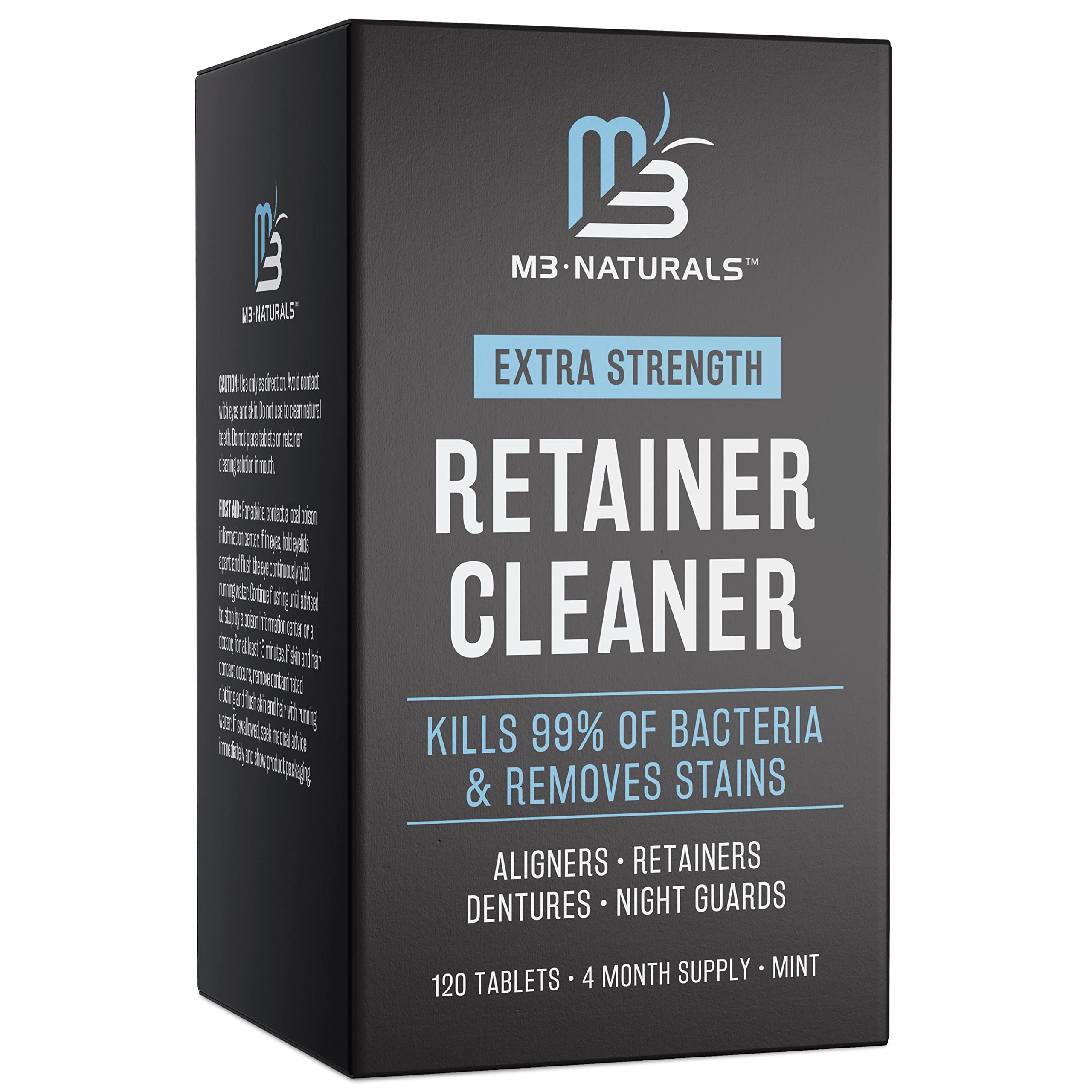 Retainer Cleaner Tablets and Denture Bath Case M3 Naturals 4 Month Supply Denture Cleaner for Retainers + Bath Case