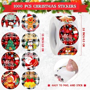 Fumete 1000 Pieces 2 Rolls Christmas Stickers 1.5 Inch 24 Designs Christmas Plaid Label Sticker for Kids Xmas Tree Santa Claus Elk Snowflake Envelope Seal Gift Decor for Christmas Card Party Supply