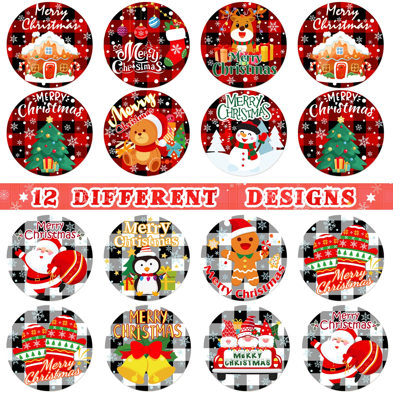 Fumete 1000 Pieces 2 Rolls Christmas Stickers 1.5 Inch 24 Designs Christmas Plaid Label Sticker for Kids Xmas Tree Santa Claus Elk Snowflake Envelope Seal Gift Decor for Christmas Card Party Supply