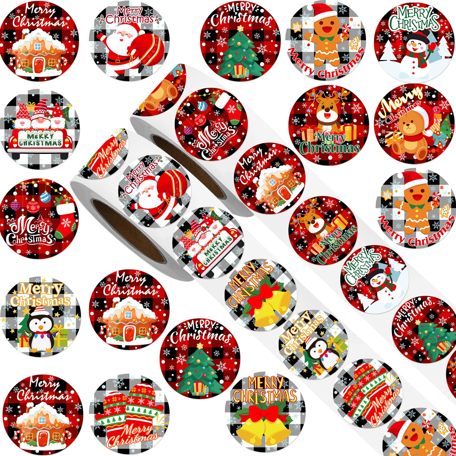 Fumete 1000 Pieces 2 Rolls Christmas Stickers 1.5 Inch 24 Designs Christmas Plaid Label Sticker for Kids Xmas Tree Santa Claus Elk Snowflake Envelope Seal Gift Decor for Christmas Card Party Supply