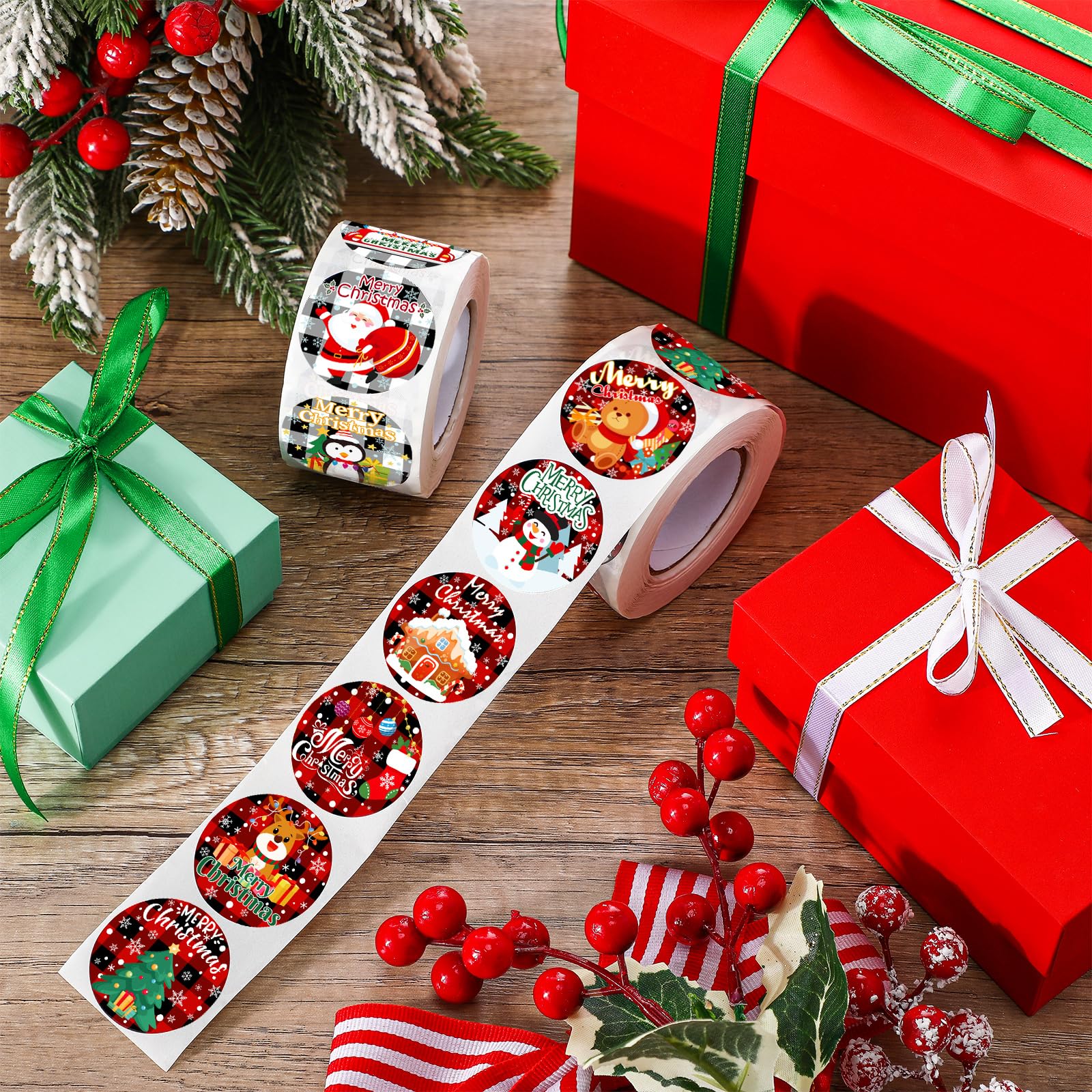 Fumete 1000 Pieces 2 Rolls Christmas Stickers 1.5 Inch 24 Designs Christmas Plaid Label Sticker for Kids Xmas Tree Santa Claus Elk Snowflake Envelope Seal Gift Decor for Christmas Card Party Supply