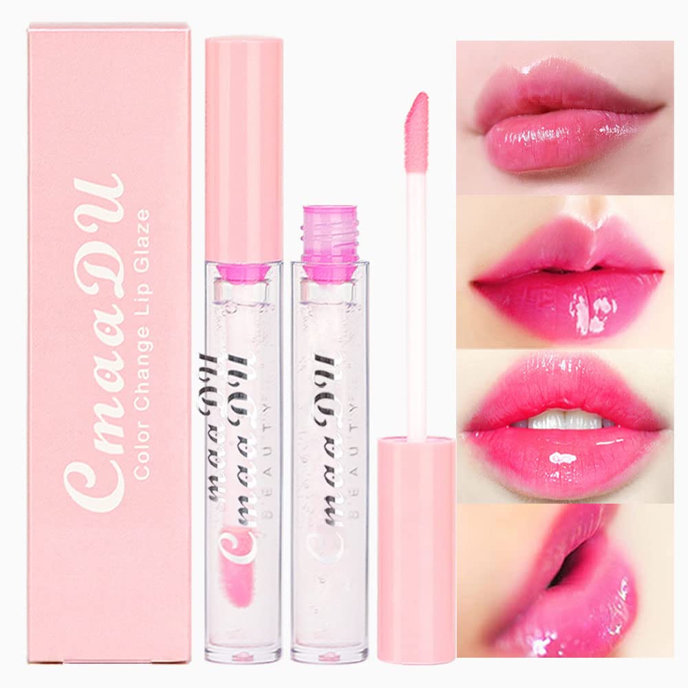 evpct 2Pcs Clear Color Changing PH Tinted Lip Gloss Sets for Women, Pink Mood Lip Oil Gloss Balm Tint Stain Glaze Pack Hydrating 0.11 fl.oz *2