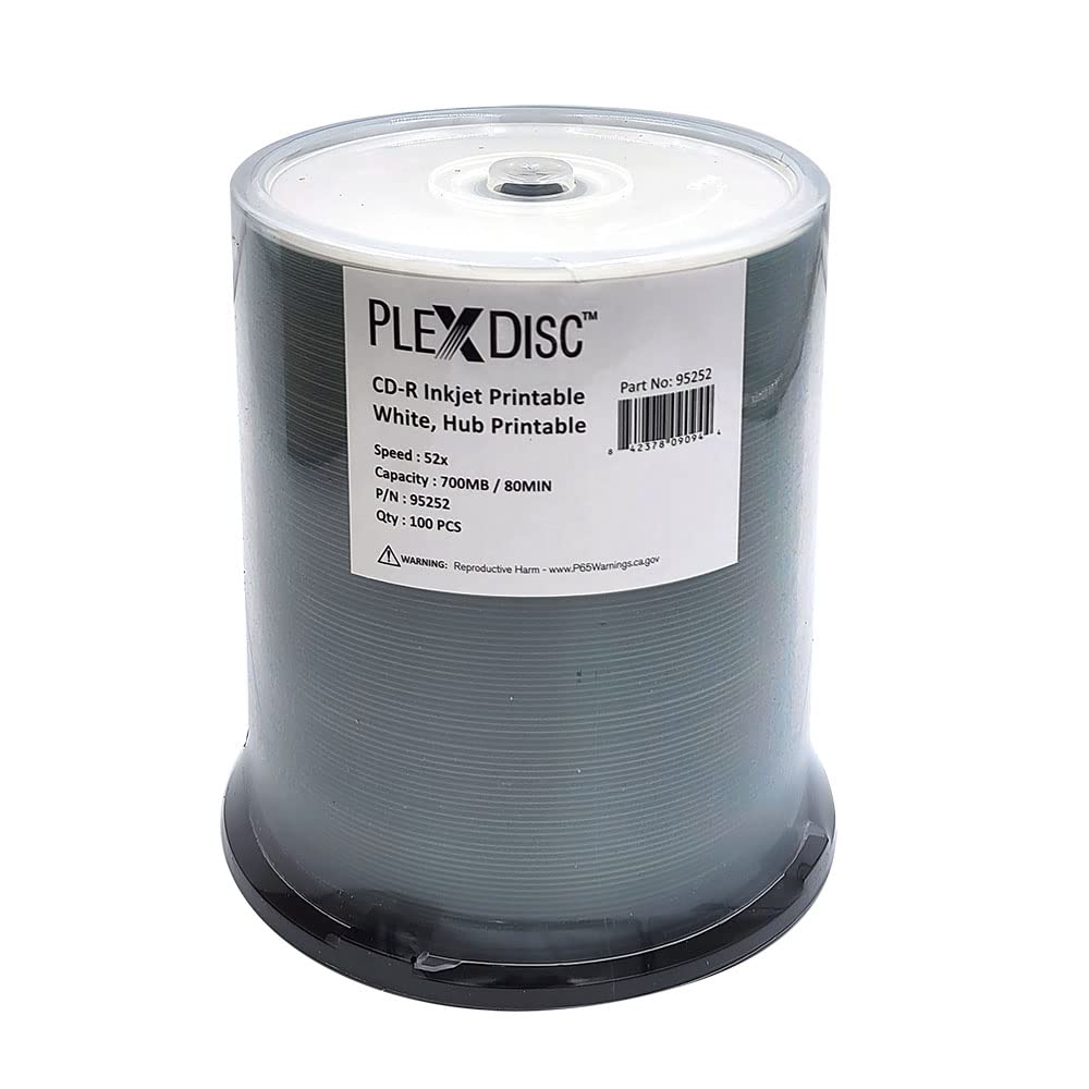 PlexDisc 95252 CD-R 700MB 52X White Inkjet Hub Printable - 100pk Spindle Frustration Free Packaging, 100 Discs