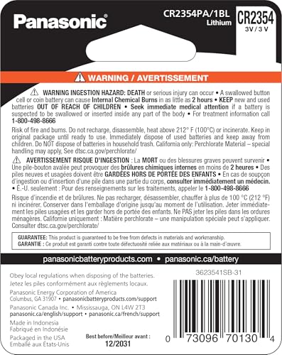 Panasonic CR2354 3.0 Volt Long Lasting Lithium Coin Cell Batteries in Child Resistant, Standards Based Packaging, 1-Battery Pack