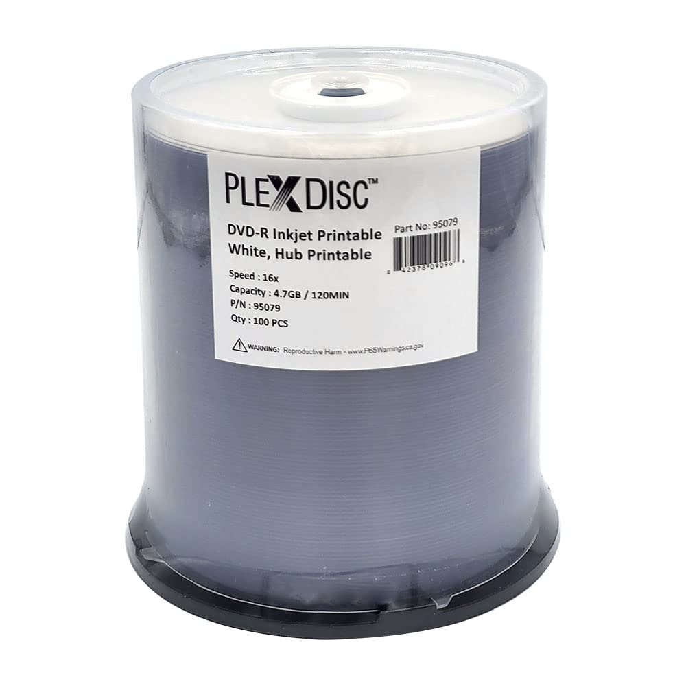 PlexDisc 95079 DVD-R 4.7GB 16X White Inkjet Hub Printable - 100pk Spindle Frustration Free Packaging, 100 Disc