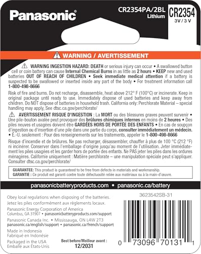 Panasonic CR2354 3.0 Volt Long Lasting Lithium Coin Cell Batteries in Child Resistant, Standards Based Packaging, 2-Battery Pack