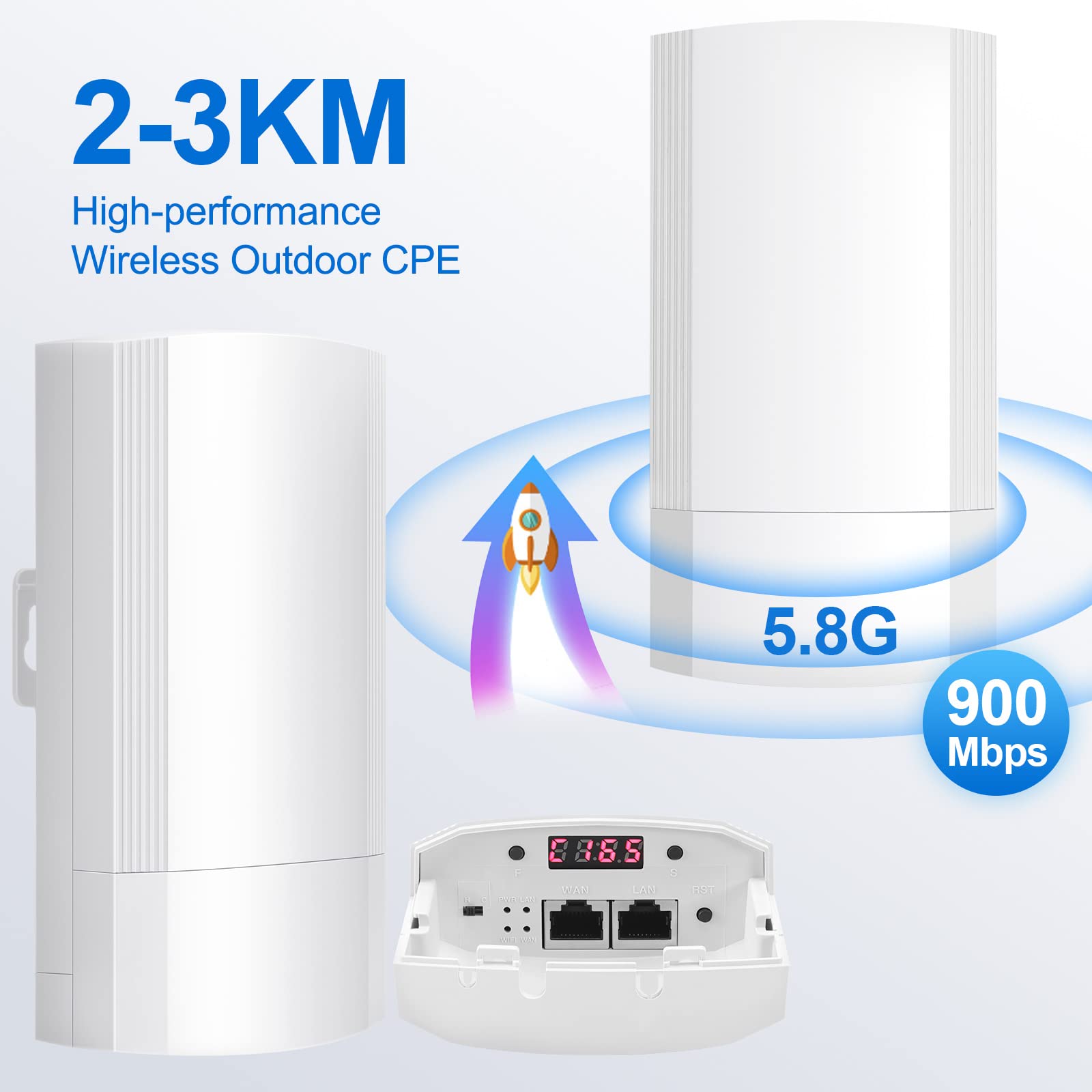 Fretech Wireless Bridge Set 900Mpbs 5.8G WiFi Outdoor CPE Point to Point Long Range up to 2-3KM CPE200 with 12dBi High-Gain Antenna，24V PoE Power, IP65 Waterproof,2-Pack, White