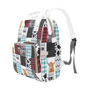 XOZOTY Highland Cow Patchwork White Diaper Bags with Name Waterproof Mummy Backpack Nappy Nursing Baby Bags Gifts Tote Bag for Women