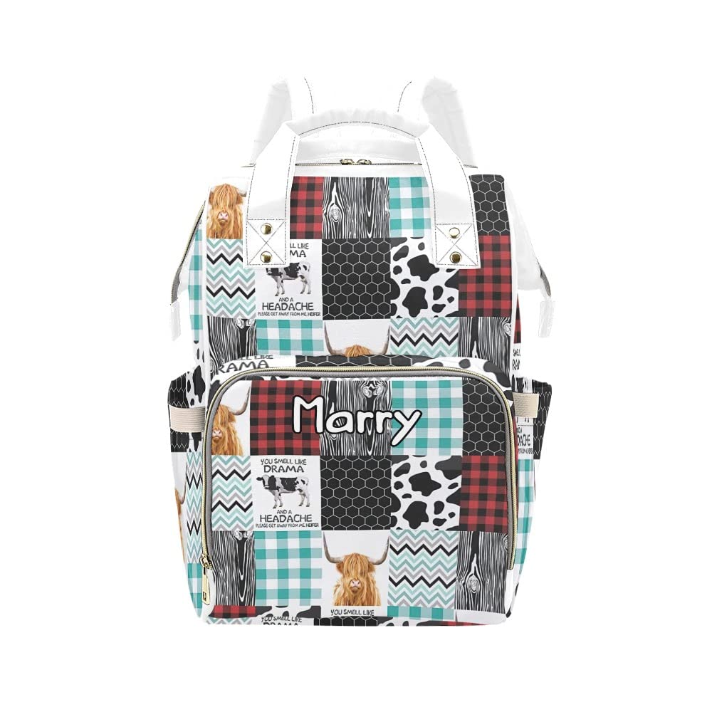 XOZOTY Highland Cow Patchwork White Diaper Bags with Name Waterproof Mummy Backpack Nappy Nursing Baby Bags Gifts Tote Bag for Women