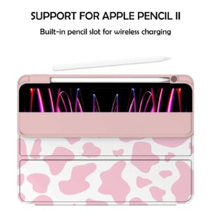 Deokke Compatible with iPad Pro 11 inch Case,4th/3rd/2nd/1st Gen(2022/2021/2020/2018) with Pencil Holder TPU Back Case,Auto Sleep/Wake Cover with iPad 2nd Pencil Charging-Pink Cow Pattern Western