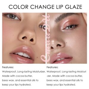 evpct 2Pcs Clear Color Changing PH Tinted Lip Gloss Sets for Women, Pink Mood Lip Oil Gloss Balm Tint Stain Glaze Pack Hydrating 0.11 fl.oz *2